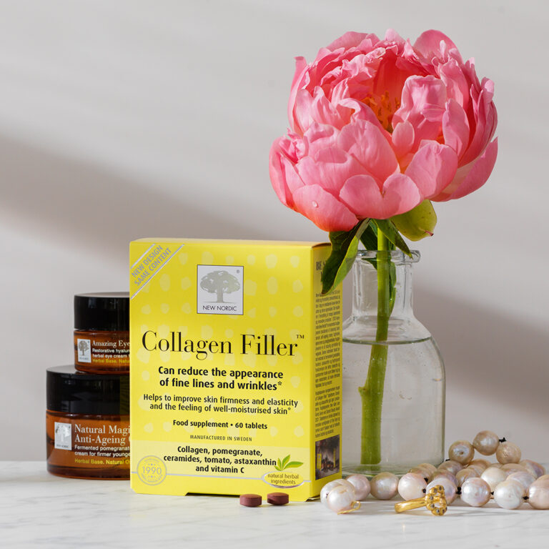 Collagen Filler™ displayed with New Nordic skincare products, a flower, and jewelry.