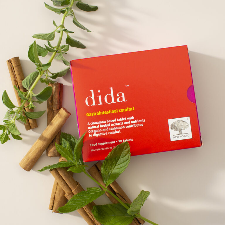 New Nordic dida™ package displayed next to some ingredients of the tablets.