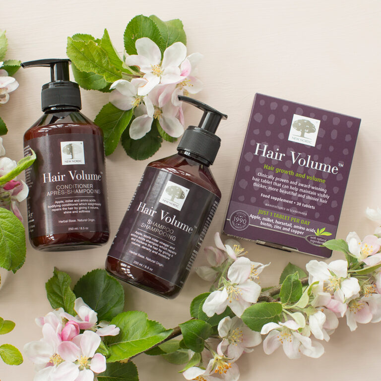 New Nordic Hair Volume™ range – supplements, shampoo, conditioner, and care products for stronger, fuller, shiny hair.