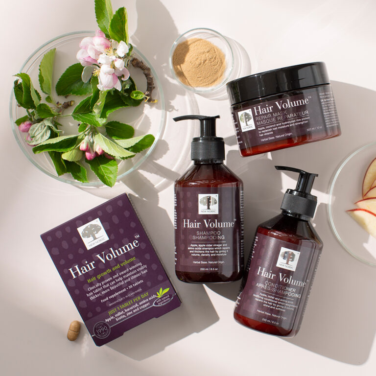 New Nordic Hair Volume™ range – supplements, shampoo, conditioner, and care products for stronger, fuller, shiny hair.