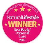 Award badge showing Natural Lifestyle Winner 2012 for Best Body and Personal Care.