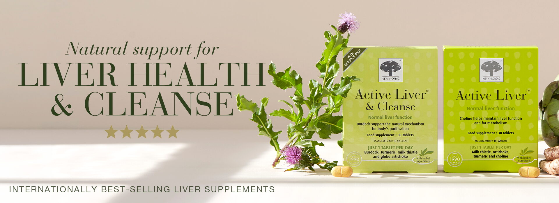 Banner showing Active Liver Supplements, including our orginal tablet and new active liver cleanse tablet and the text “Natural support for liver health”.