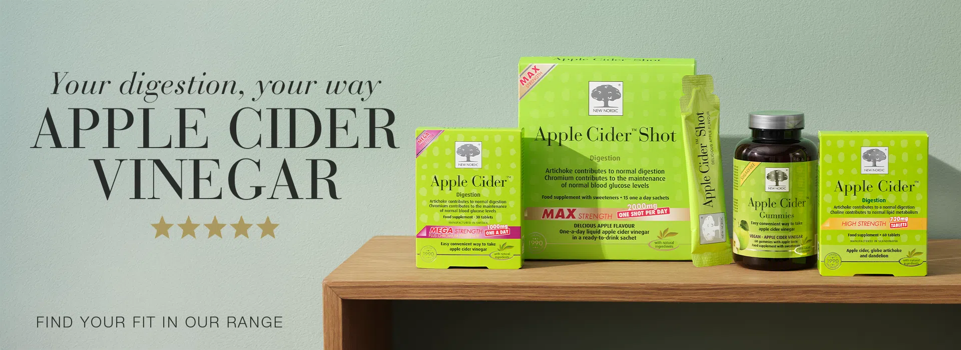 The range of Apple Cider™ products displayed in vibrant green packaging and text Your digestion, your way, Apple Cider Vinegar.
