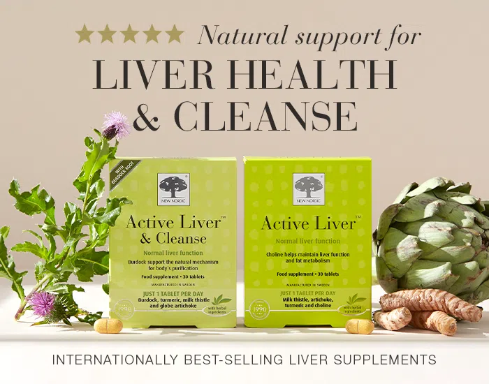Banner showing Active Liver Supplements, including our orginal tablet and new active liver cleanse tablet and the text “Natural support for liver health”.