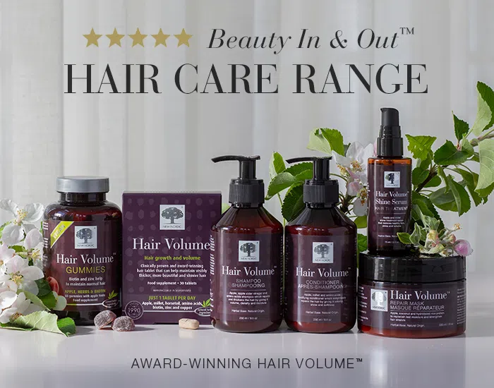 Variety of New Nordic Hair Volume™ products with text Beauty in and out™ Hair Care Range, Award-winning hair volume™.