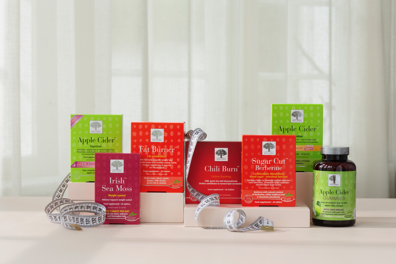 Variety of New Nordic products related to diet and gut health displayed together.