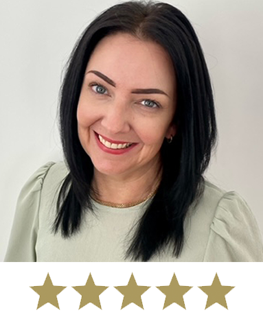 Hair Volume™ 13 Woman smiling with five stars displayed underneath.