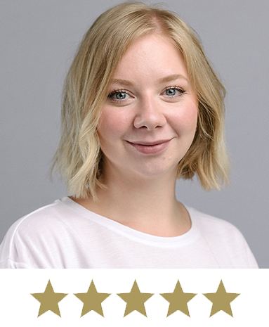 Hair Volume™ 10 Woman smiling with five stars displayed underneath.