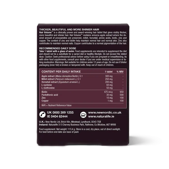 Back of New Nordic Hair Volume™ packaging with recommended daily dose, ingredients and nutritional information.