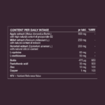 Ingredient table showing daily intake and amounts of apple, millet, horsetail, L-cysteine and L-methinonine with biotin, pantothenic acid, zinc and copper.