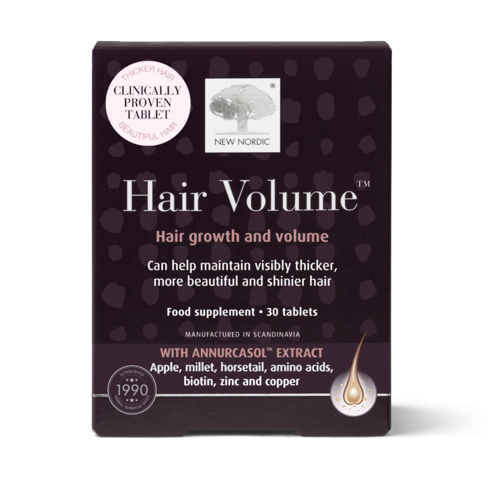 New Nordic Hair Volume™ food supplement with 30 tablets, formulated to help maintain thicker, more beautiful hair.