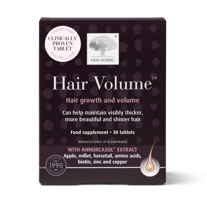 New Nordic Hair Volume™ food supplement with 30 tablets, formulated to help maintain thicker, more beautiful hair.
