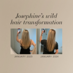 Text Josephine’s hair transformation followed by a before and after image showing that her hair has become thicker in only 1 year.
