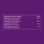 Ingredient table showing daily intake and amounts of blueberry, eyebright, tagetes and grape seed extracts.