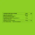 Ingredient table showing daily intake and amounts of apple cider vinegar powder, artichoke, dandelion and Chromium.