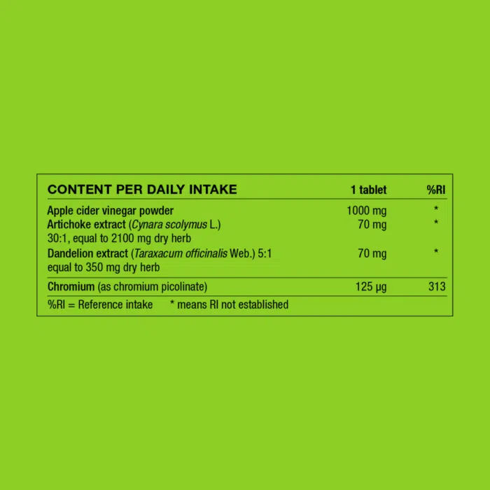 Ingredient table showing daily intake and amounts of apple cider vinegar powder, artichoke, dandelion and Chromium.
