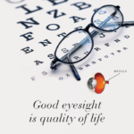 Glasses on eye chart with text Good eyesight is quality of life.