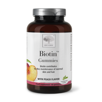 New Nordic Biotin™ Gummies with peach flavour, help maintain normal skin, hair, and metabolism.