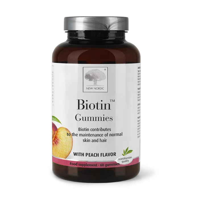 New Nordic Biotin™ Gummies with peach flavour, help maintain normal skin, hair, and metabolism.