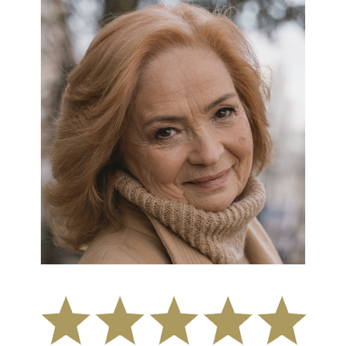Woman smiling with five stars beneath