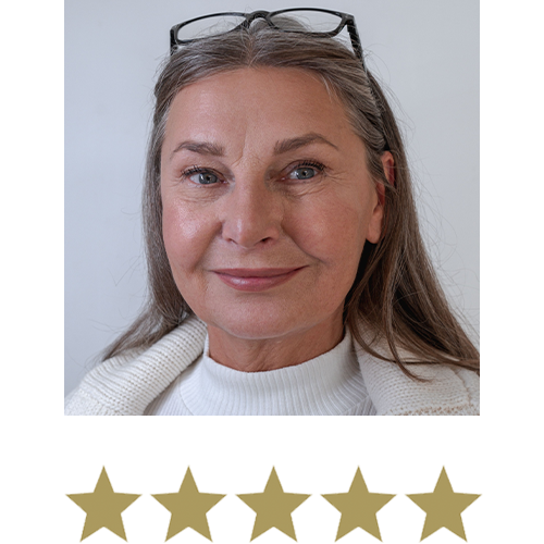 Woman smiling with five stars beneath