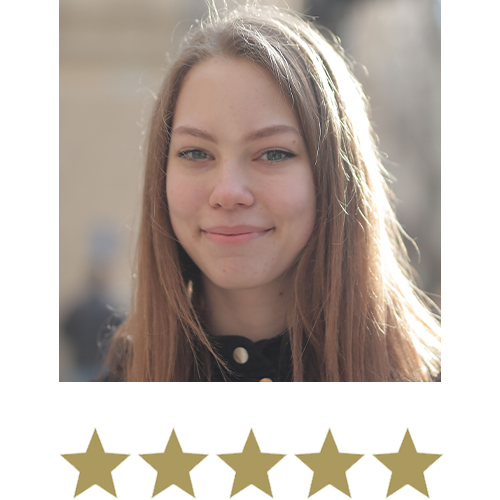 Woman smiling with five stars beneath