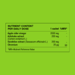 Ingredient table showing daily intake and amounts of Apple cider vinegar powder, artichoke, dandelion and chromium.