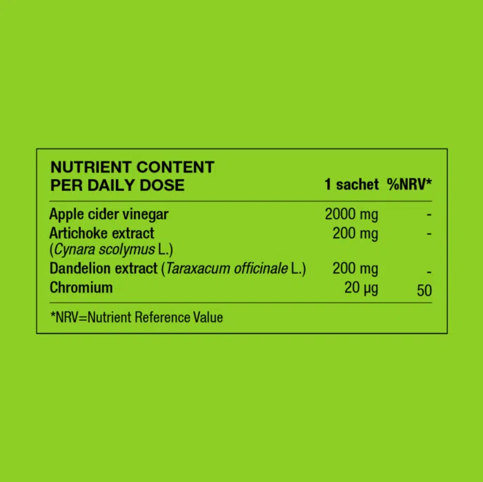 Ingredient table showing daily intake and amounts of Apple cider vinegar powder, artichoke, dandelion and chromium.