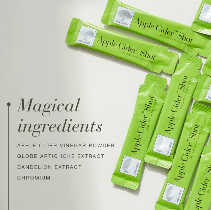 Magical ingredients of Apple Cider™ Shot, including apple cider sachets