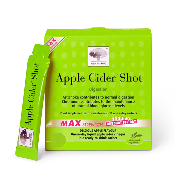 New Nordic Apple Cider™ Shots with apple cider vinegar, help maintain normal digestion and blood glucose levels.
