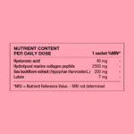 Ingredient table showing daily intake and amounts of hyaluronic acid, hydrolysed collagen, sea buckthorn and lutein.