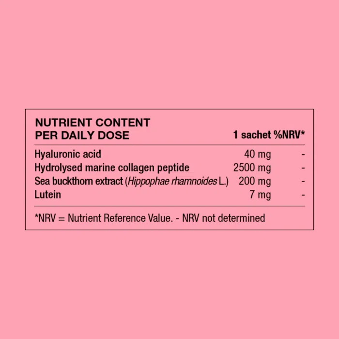 Ingredient table showing daily intake and amounts of hyaluronic acid, hydrolysed collagen, sea buckthorn and lutein.