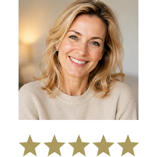 Smiling blonde woman in a cream jumper with a five-star rating.