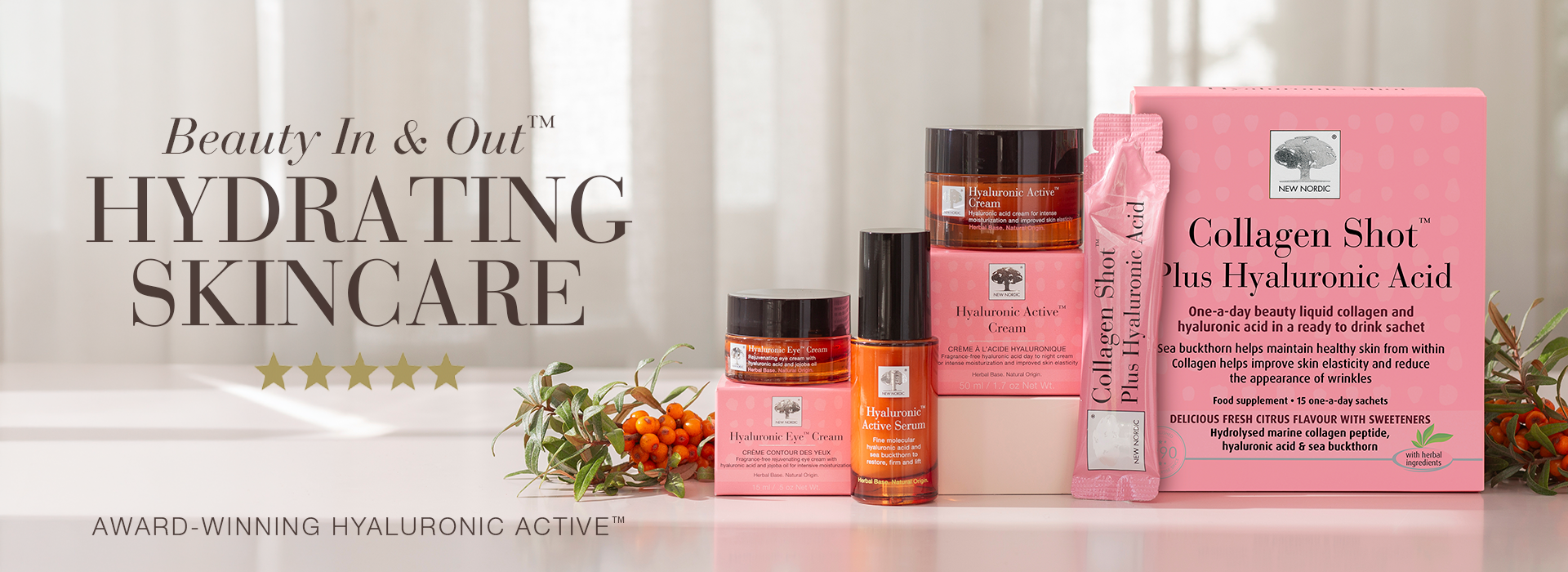Banner image showing the pink hyaluronic active skincare range, including a hyaluronic and collagen supplement and hyaluronic acid skincare creams, with the headline “Beauty In and Out, Hydrating Skincare” and the tagline “Award-Winning Hyaluronic Active”