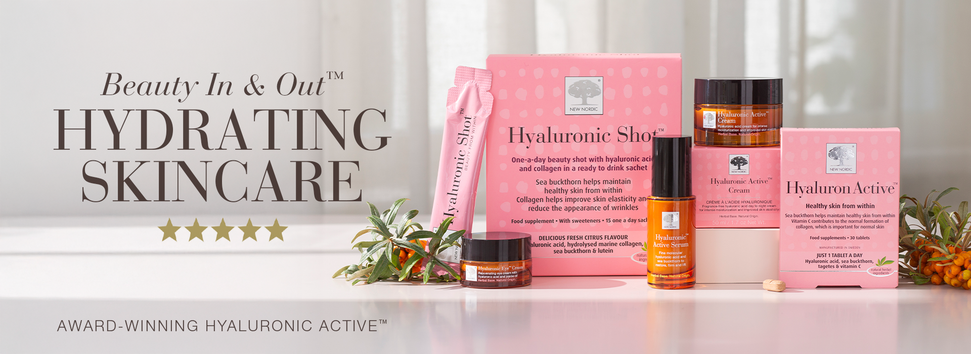 Banner image showing the pink hyaluronic active skincare range, including a hyaluronic and collagen supplement and hyaluronic acid skincare creams, with the headline “Beauty In and Out, Hydrating Skincare” and the tagline “Award-Winning Hyaluronic Active”