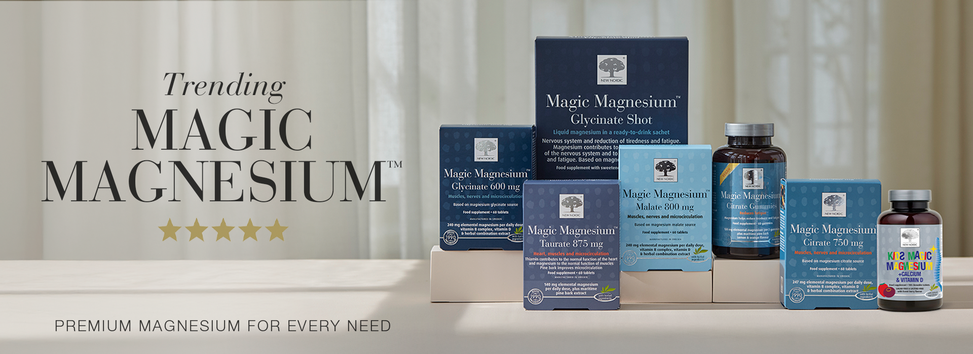 The Magic Magnesium™ range displayed with text Premium magnesium for every need.