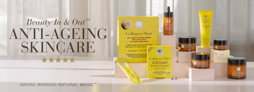 Banner showing the range of New Nordic anti-ageing skincare products with text Award-winning Natural Magic™.