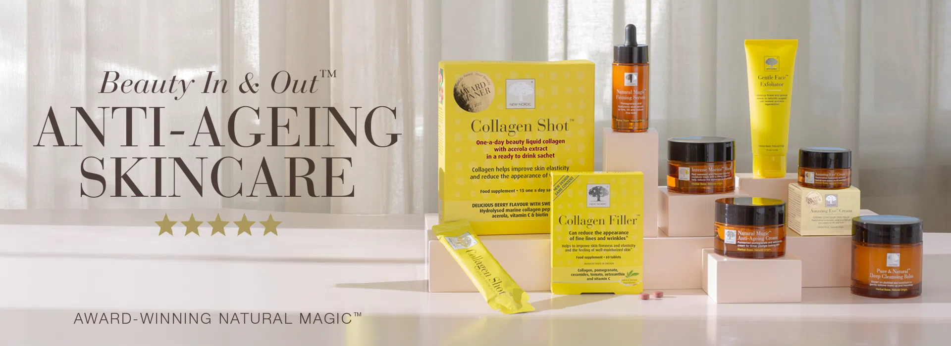 Banner showing the range of New Nordic anti-ageing skincare products with text Award-winning Natural Magic™.