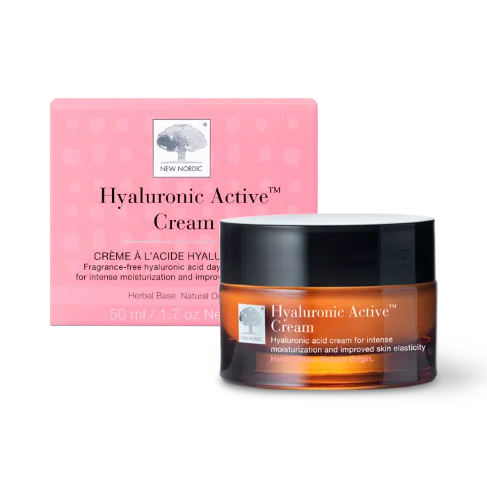 New Nordic Hyaluronic Active™ Cream, deeply moisturises, improves elasticity, and reduces wrinkles with hyaluronic acid and sea buckthorn.