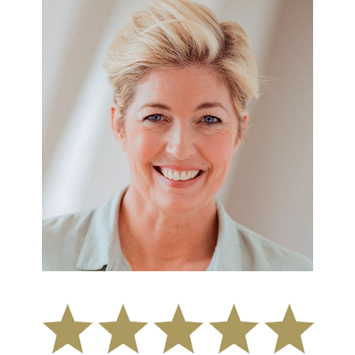 Collagen Shot™ 13 Woman smiling with five stars displayed underneath.