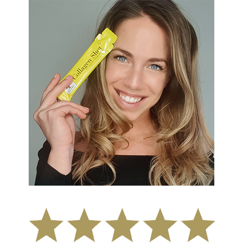 Collagen Shot™ 14 Woman smiling and posing with a collagen shot™ with five stars displayed underneath.