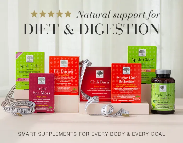 Banner showing a range of New Nordic diet and digestion supplements in colourful product packs.