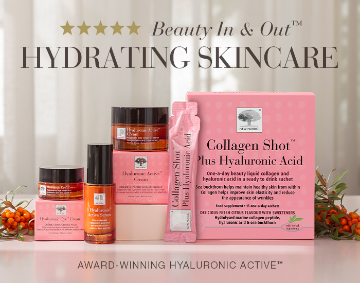 Banner image showing the pink hyaluronic active skincare range, including a hyaluronic and collagen supplement and hyaluronic acid skincare creams, with the headline “Beauty In and Out, Hydrating Skincare” and the tagline “Award-Winning Hyaluronic Active”