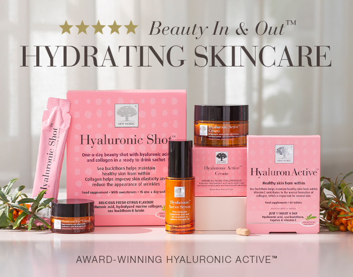 Banner image showing the pink hyaluronic active skincare range, including a hyaluronic and collagen supplement and hyaluronic acid skincare creams, with the headline “Beauty In and Out, Hydrating Skincare” and the tagline “Award-Winning Hyaluronic Active”