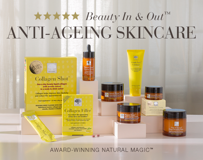 The range of New Nordic anti-ageing skincare products with text Beauty In and Out™ Anti-ageing skincare.