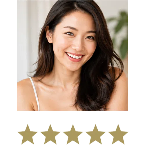 Smiling woman with long dark hair and a five-star rating.
