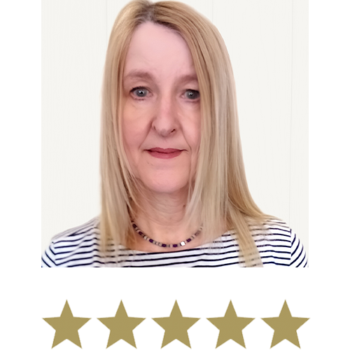 Hair Volume™ Post Menopause 11 Middle-Aged Woman smiling with five stars beneath