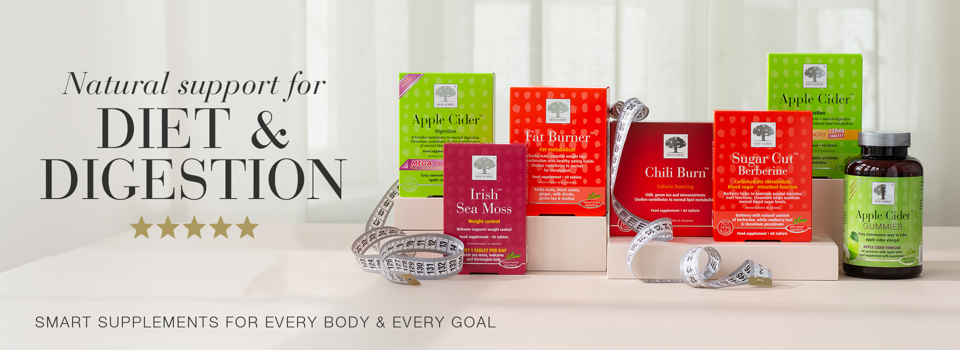 Banner showing the range of diet and digestion products from New Nordic, displayed with text Natural support for diet and digestion.