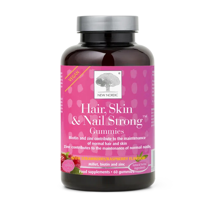 Image of New Nordic Hair, Skin & Nail Strong™ Gummies, help maintain healthy hair, skin, and nails with biotin, zinc, and millet.