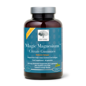 New Nordic Magic Magnesium™ Citrate Gummies help maintain nerves, muscles, energy, and microcirculation, and contribute to reduced tiredness, with magnesium and maritime pine bark. Image of product.